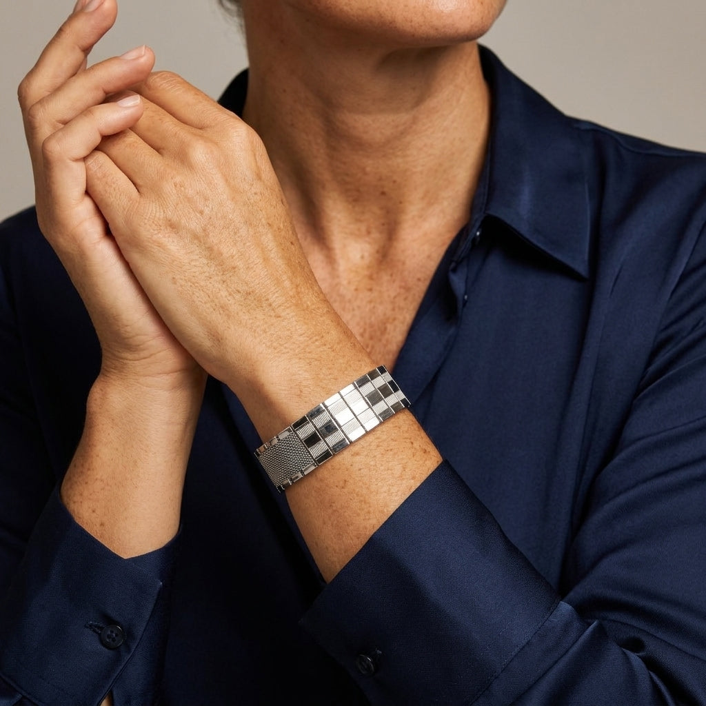 Person wearing a silver bracelet on a neutral background