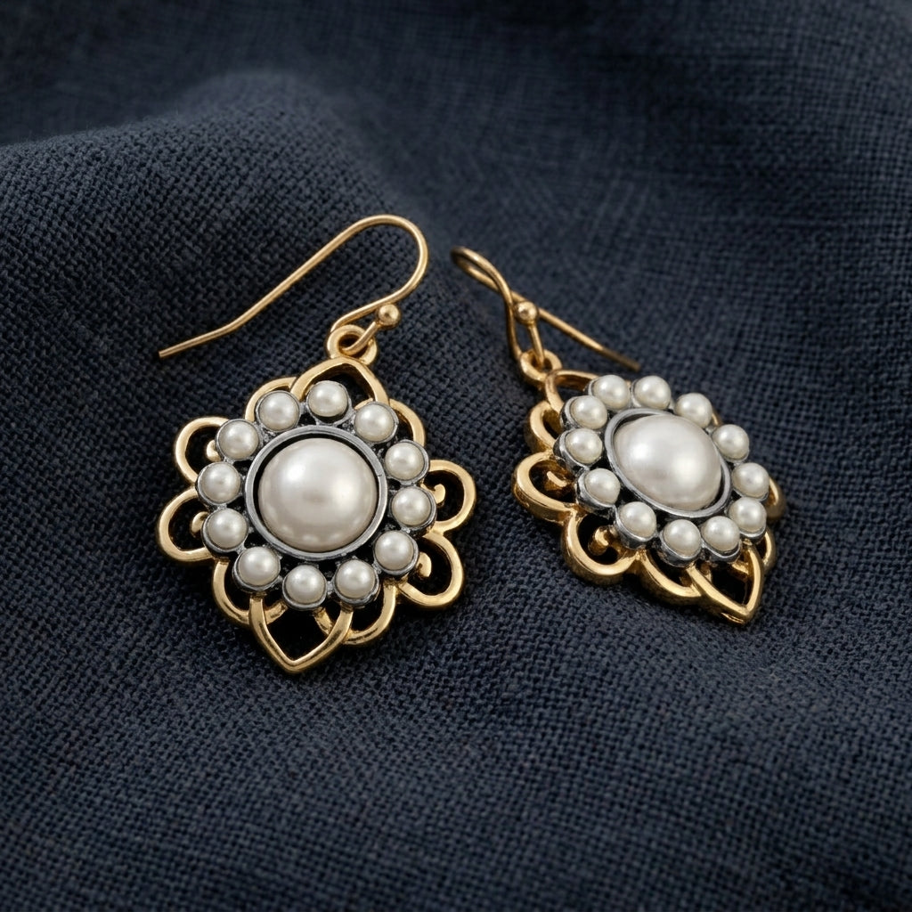 Gold & Silver Tone Filigree Pearl Drop Earrings on dark linen fabric