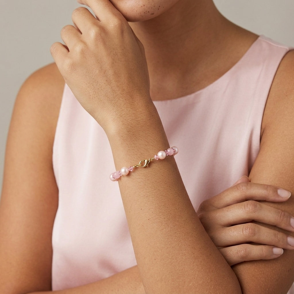 Person wearing a pink beaded bracelet on a neutral background