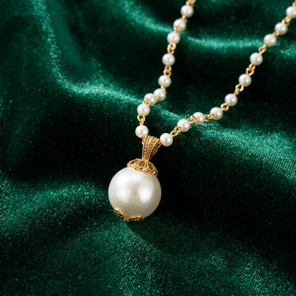 Faux Pearl Drop Necklace resting on dark green fabric