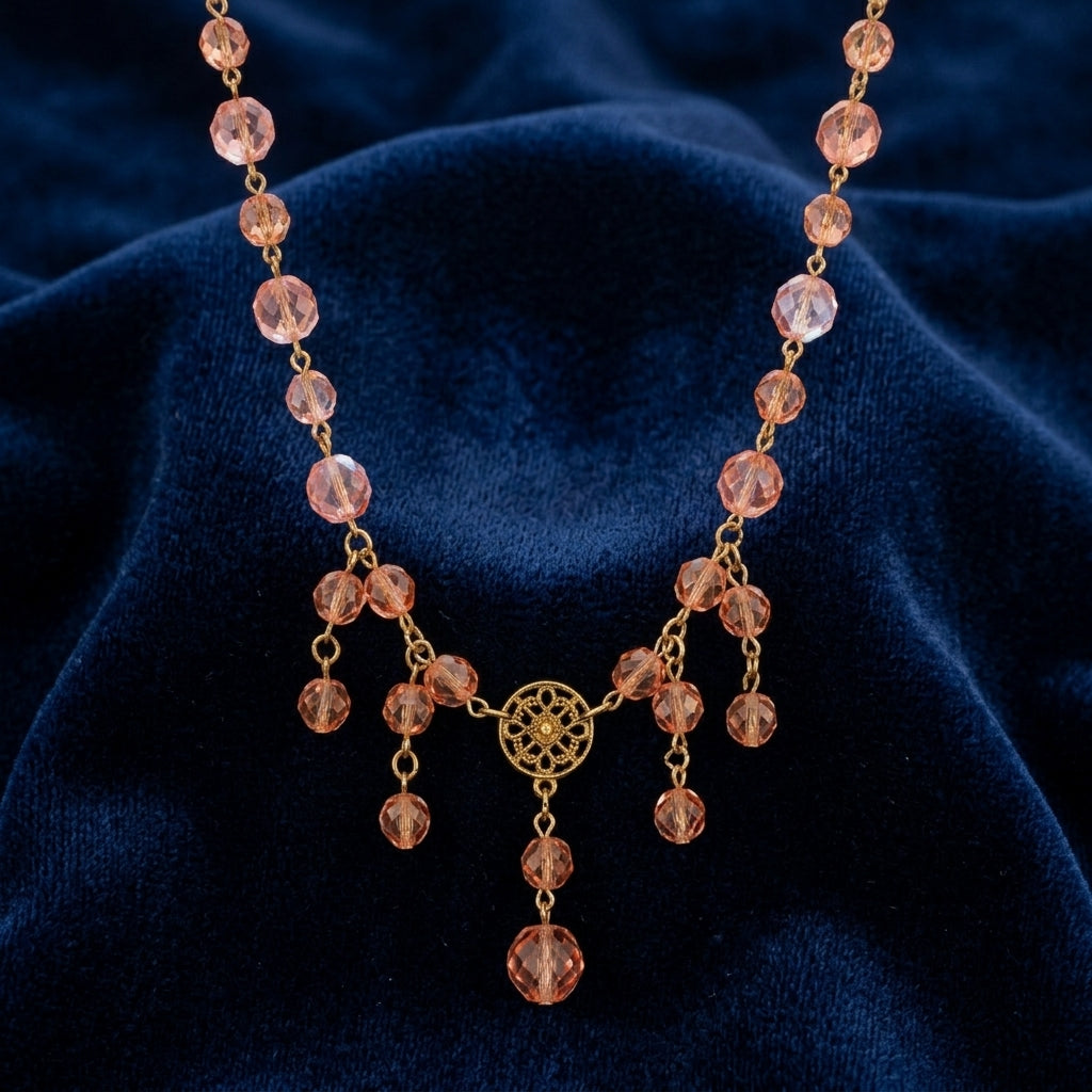 Necklace with pink beads on a blue fabric background