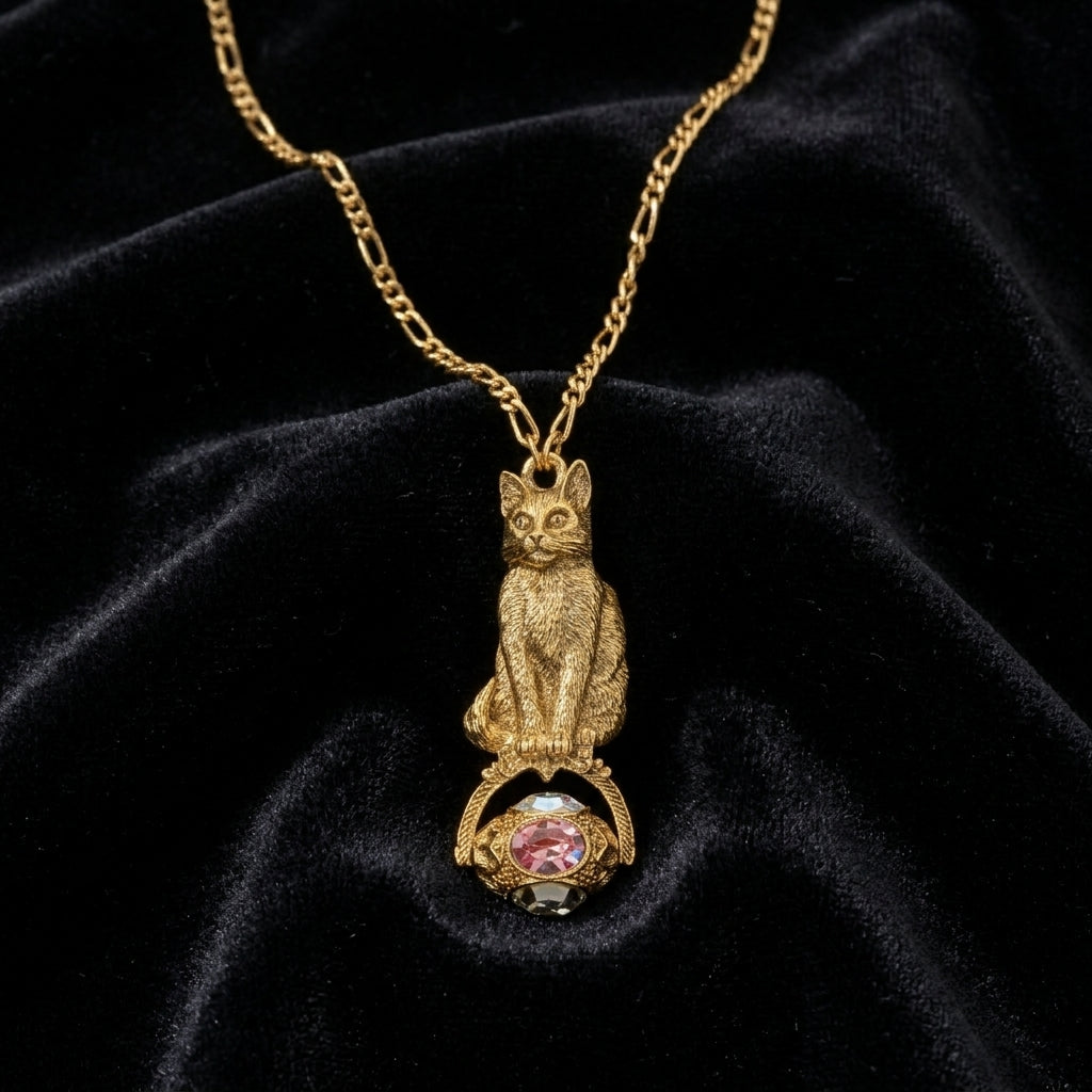 Gold cat-shaped spinner pendant with a pink gemstone on a black velvet background