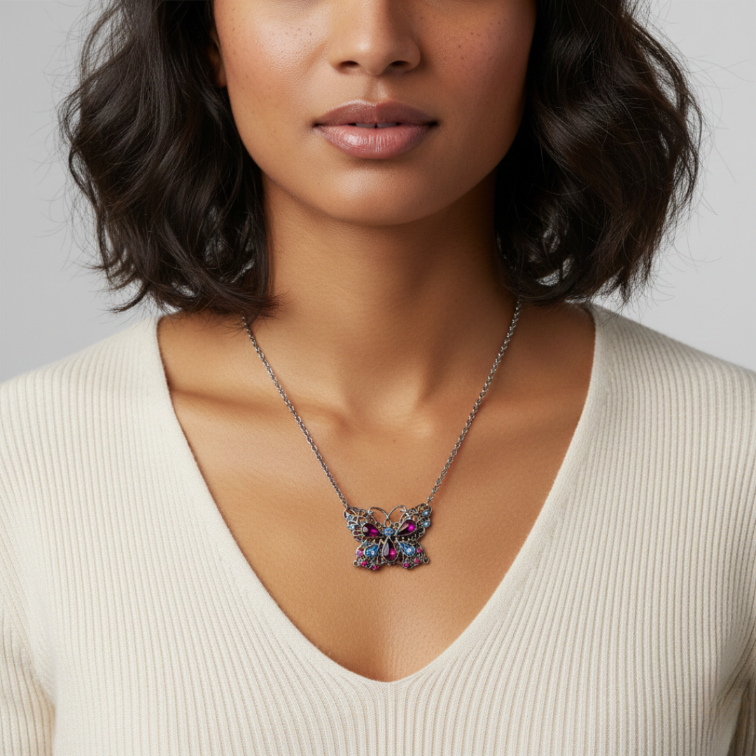 Woman wearing a butterfly necklace with a neutral background