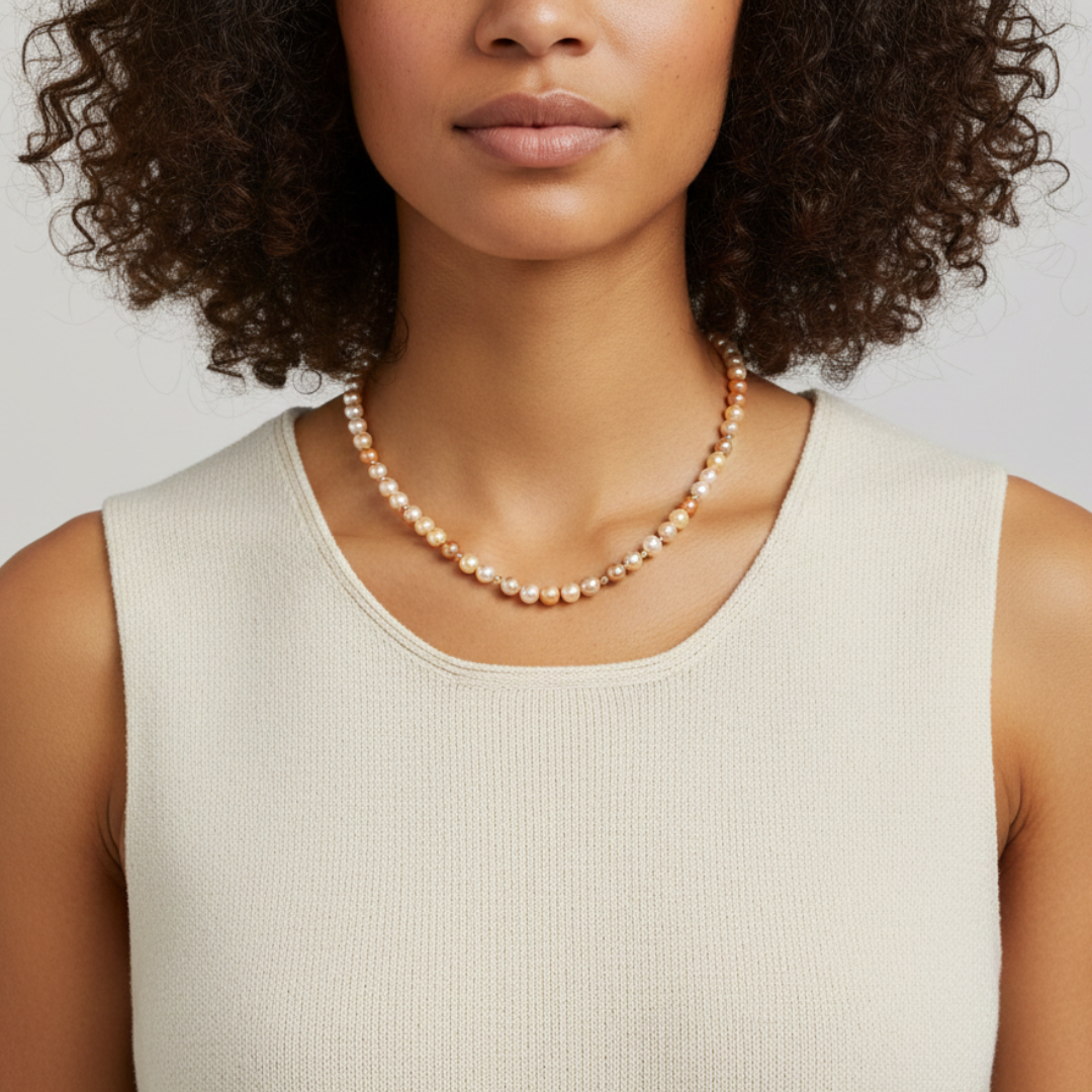 Woman wearing a pearl necklace against a neutral background