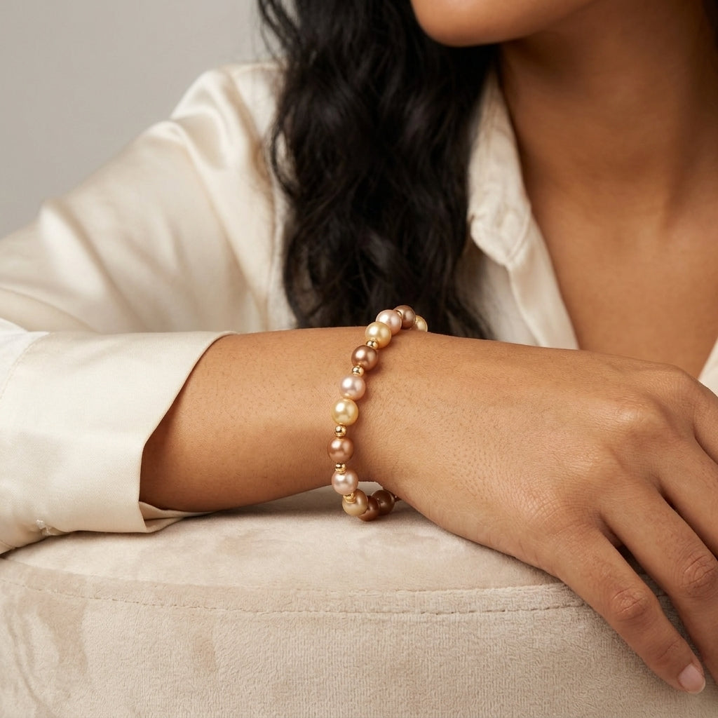 Close-up of a person wearing a pearl bracelet on a neutral background