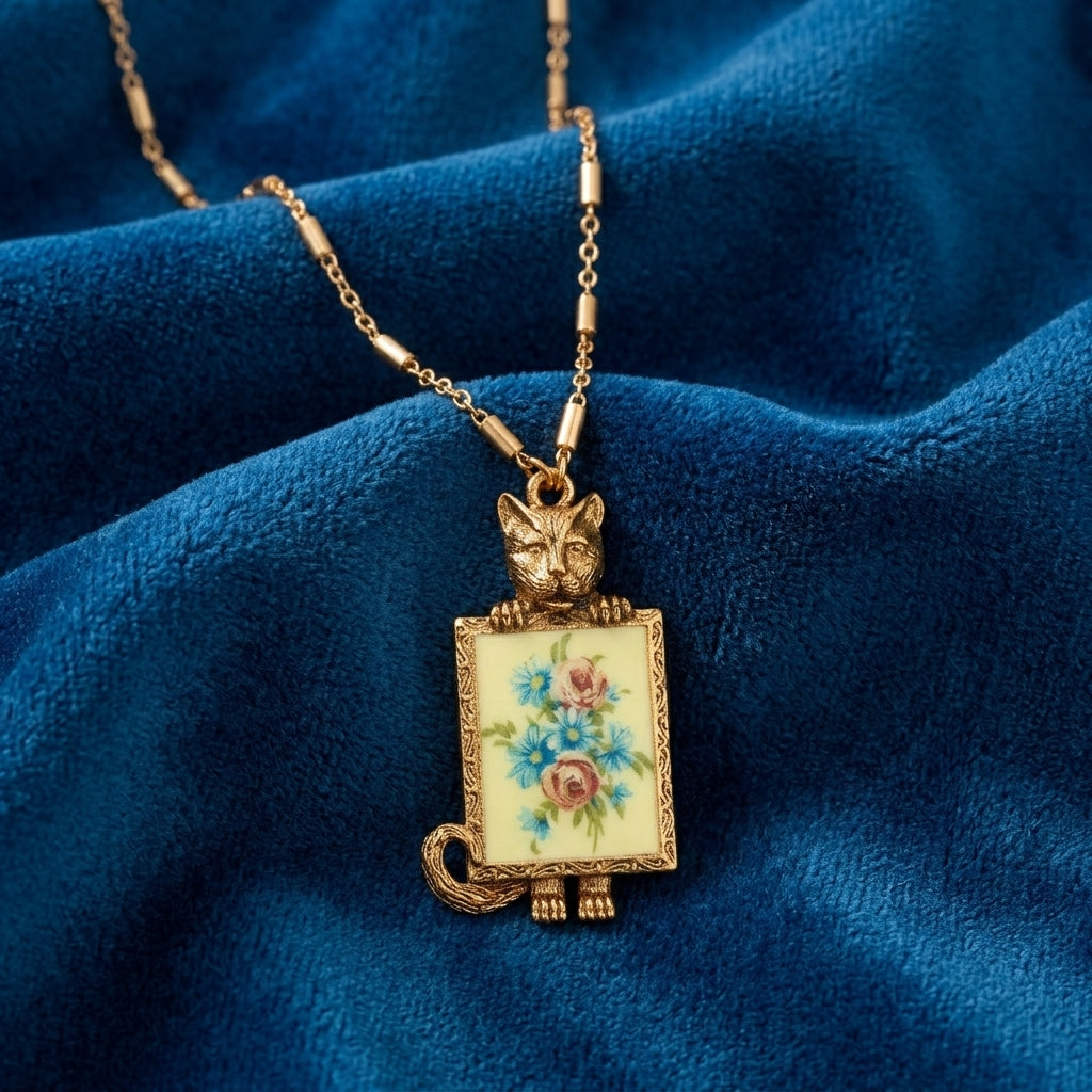 Gold necklace with a cat-shaped pendant featuring floral design on a blue fabric background