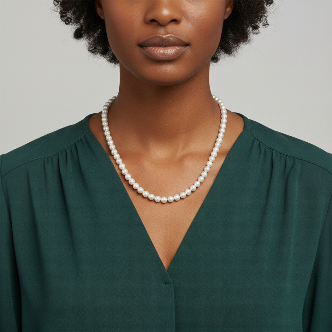 Woman wearing a green top and pearl necklace against a gray background