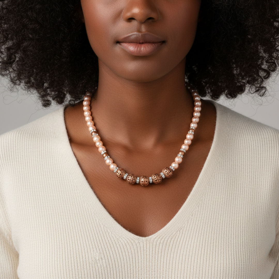 Woman wearing a pearl necklace against a neutral background