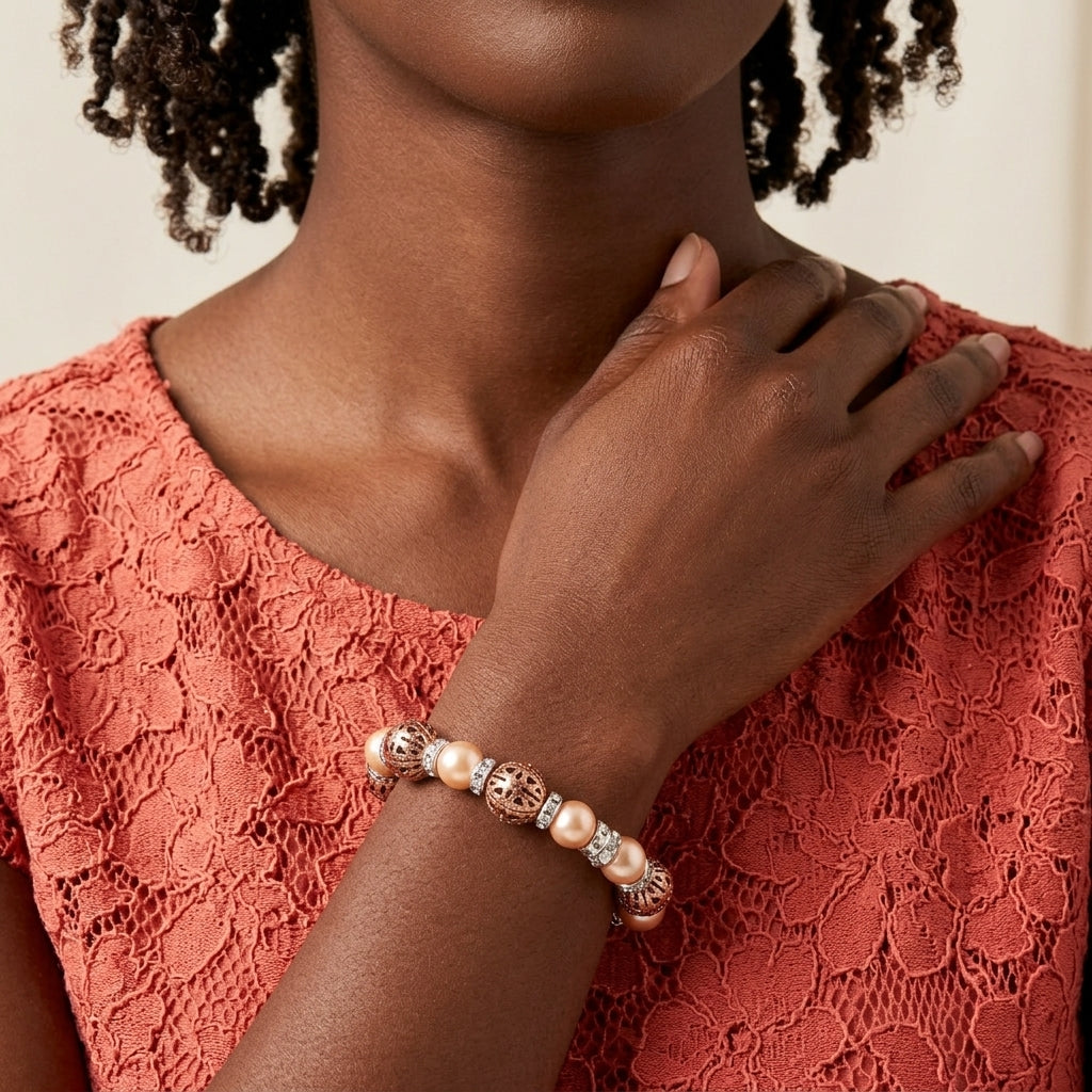 Person wearing a bracelet with pearls and crystals on a textured red garment.