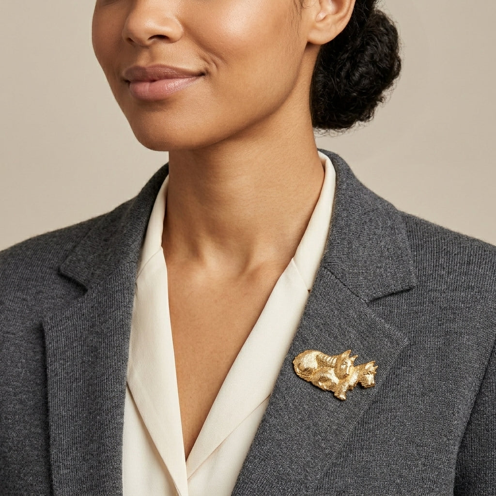 Woman wearing a gray blazer with a gold terrier brooch on a beige background