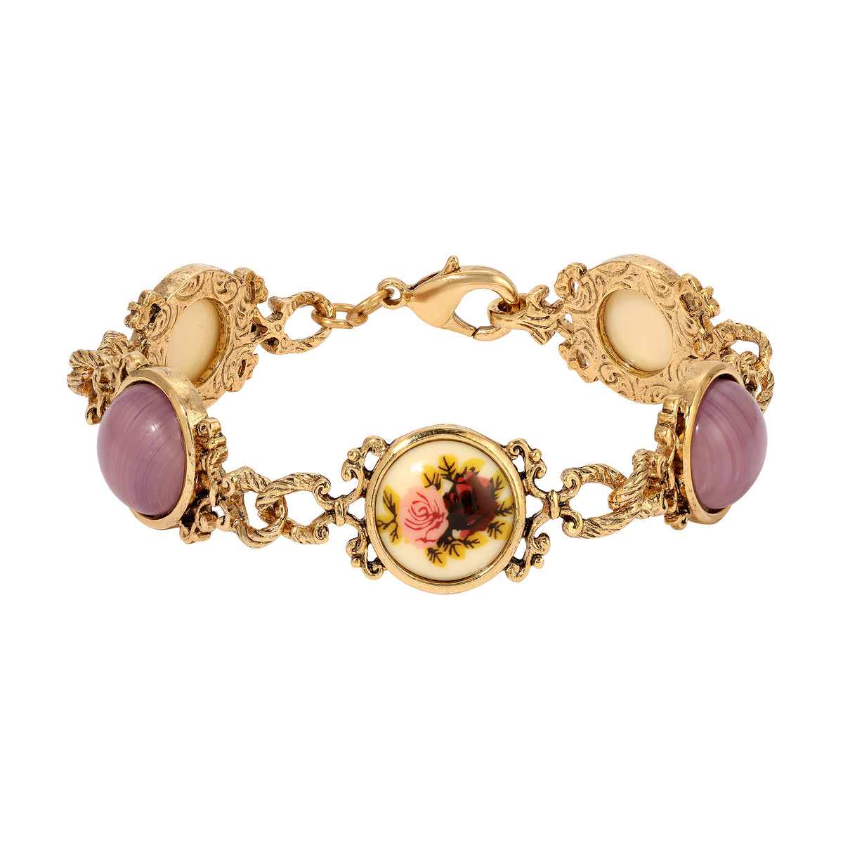 Manor House Amethyst Glass Stone Link Bracelet resting horizontally