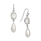 Silver Tone Flower Glass Crystal & Faux Pearl Teardrop Dangle Earrings