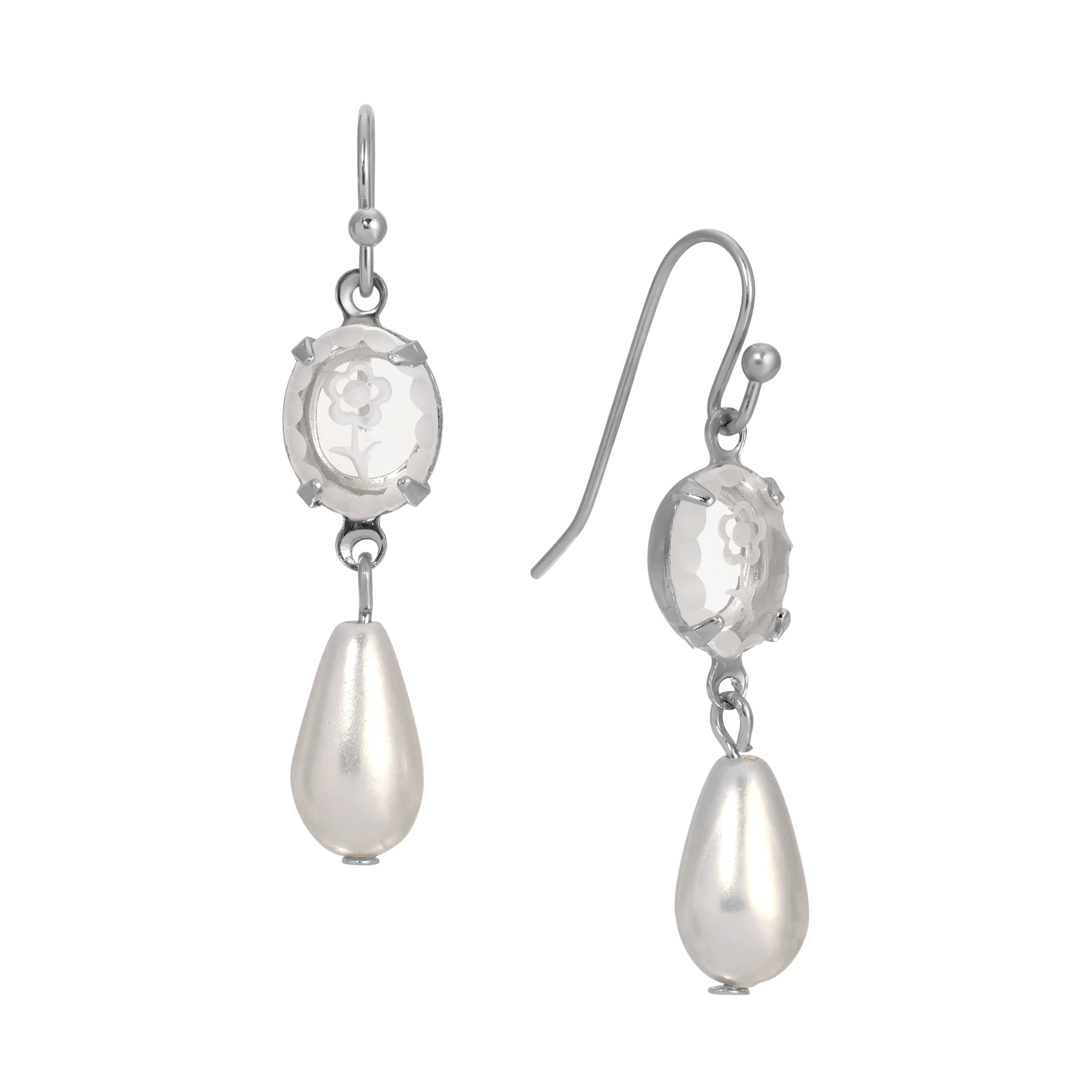 Silver Tone Flower Glass Crystal & Faux Pearl Teardrop Dangle Earrings