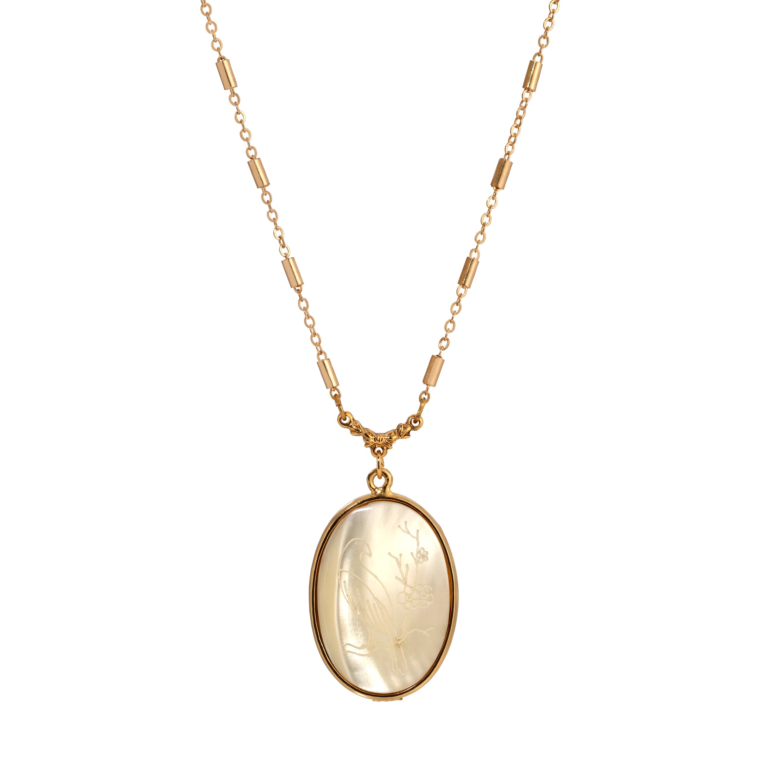 Etch Flower & Bird Mother Of Pearl Oval Pendant Necklace 18