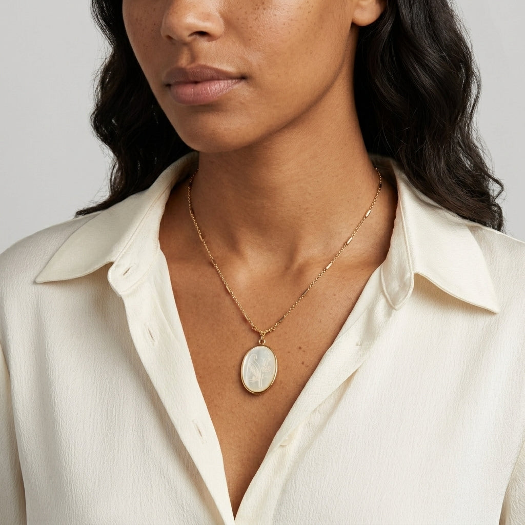 Woman wearing a gold necklace with a pendant against a neutral background