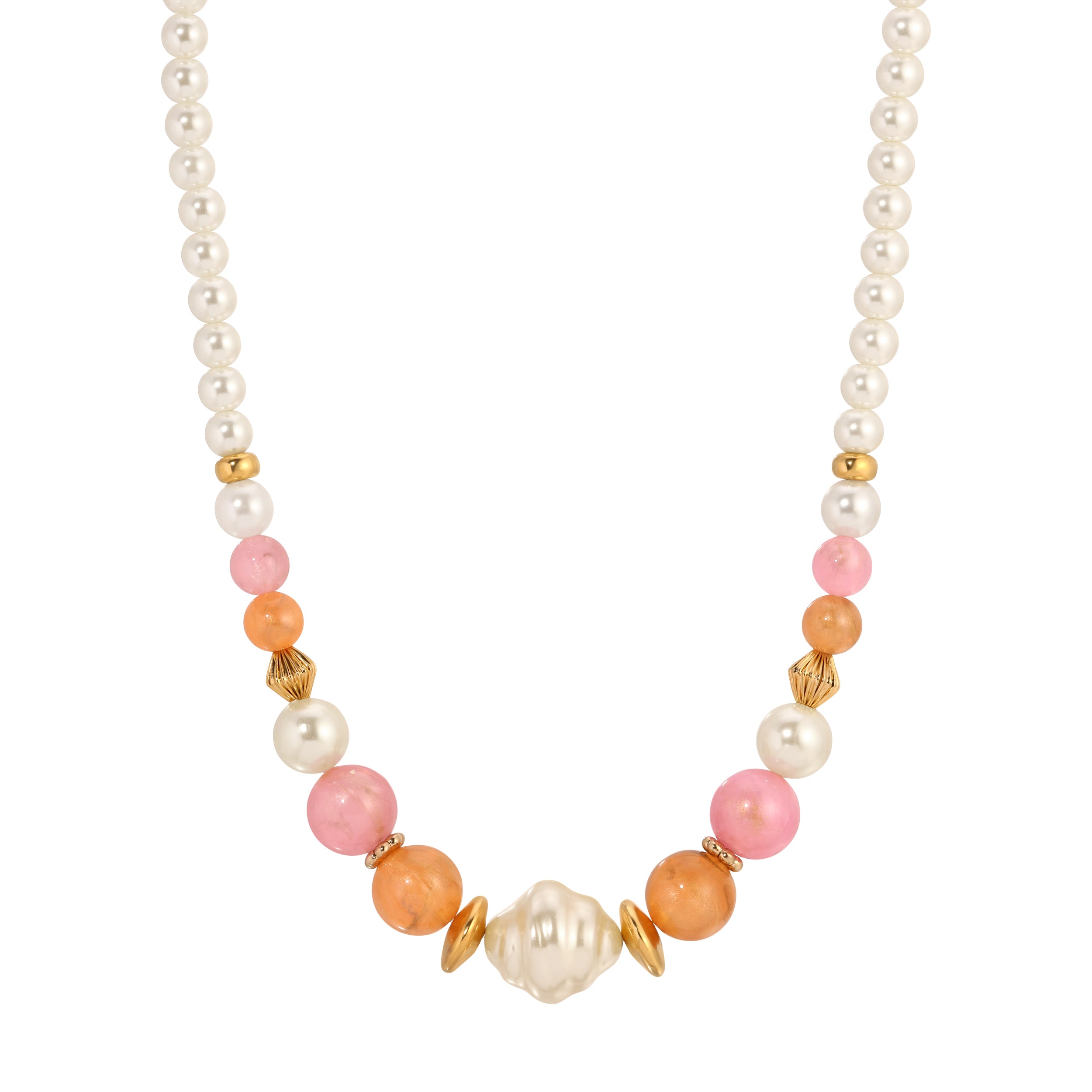 Peppermint Pink & Toffee Beaded Faux Pearl Strand Necklace 15