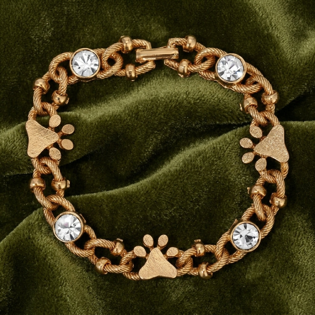 Gold tone Paws & Crystal Link Bracelet resting on dark olive green fabric