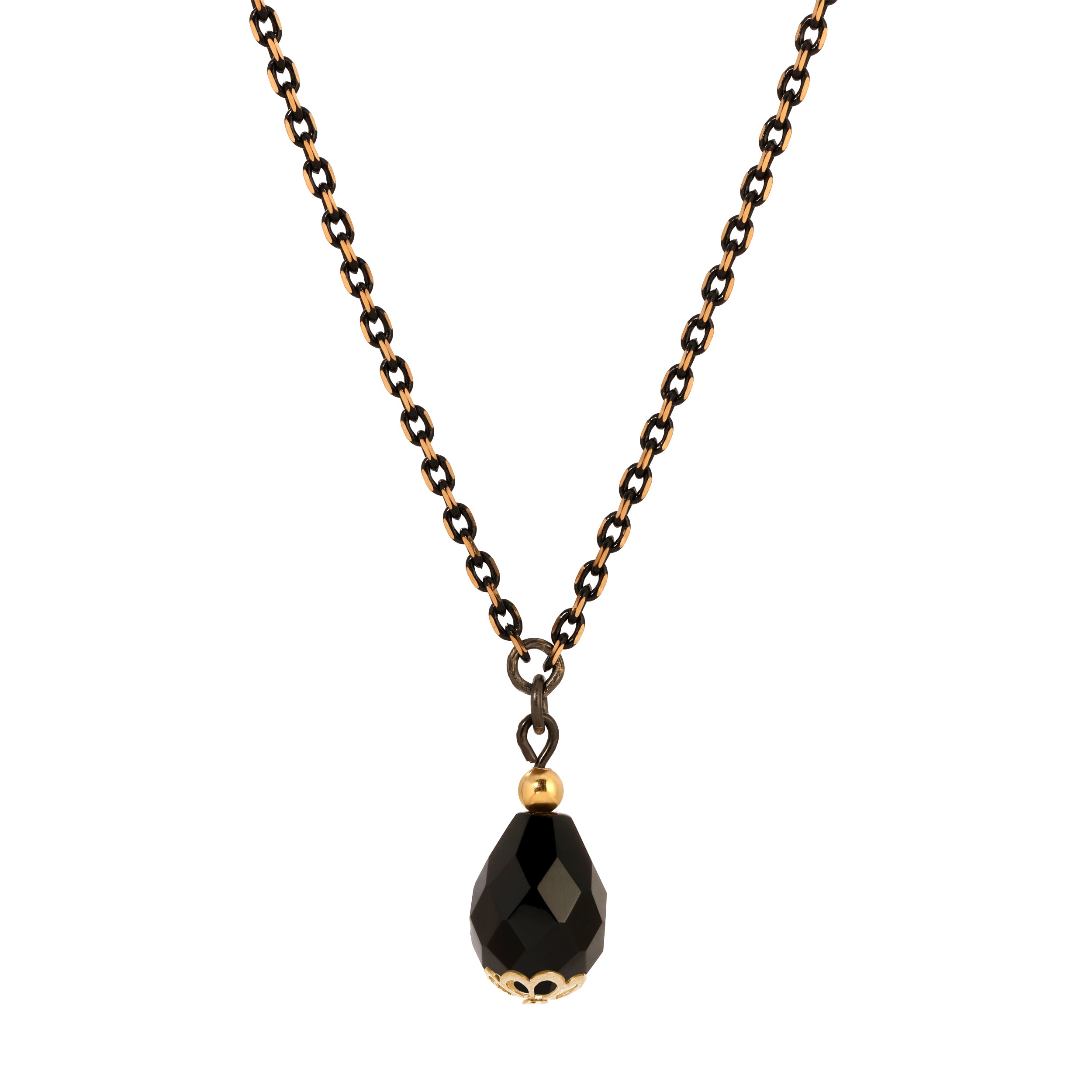 Black & Gold Oval Drop Bead Pendant Chain Necklace 15" + 3" Extension