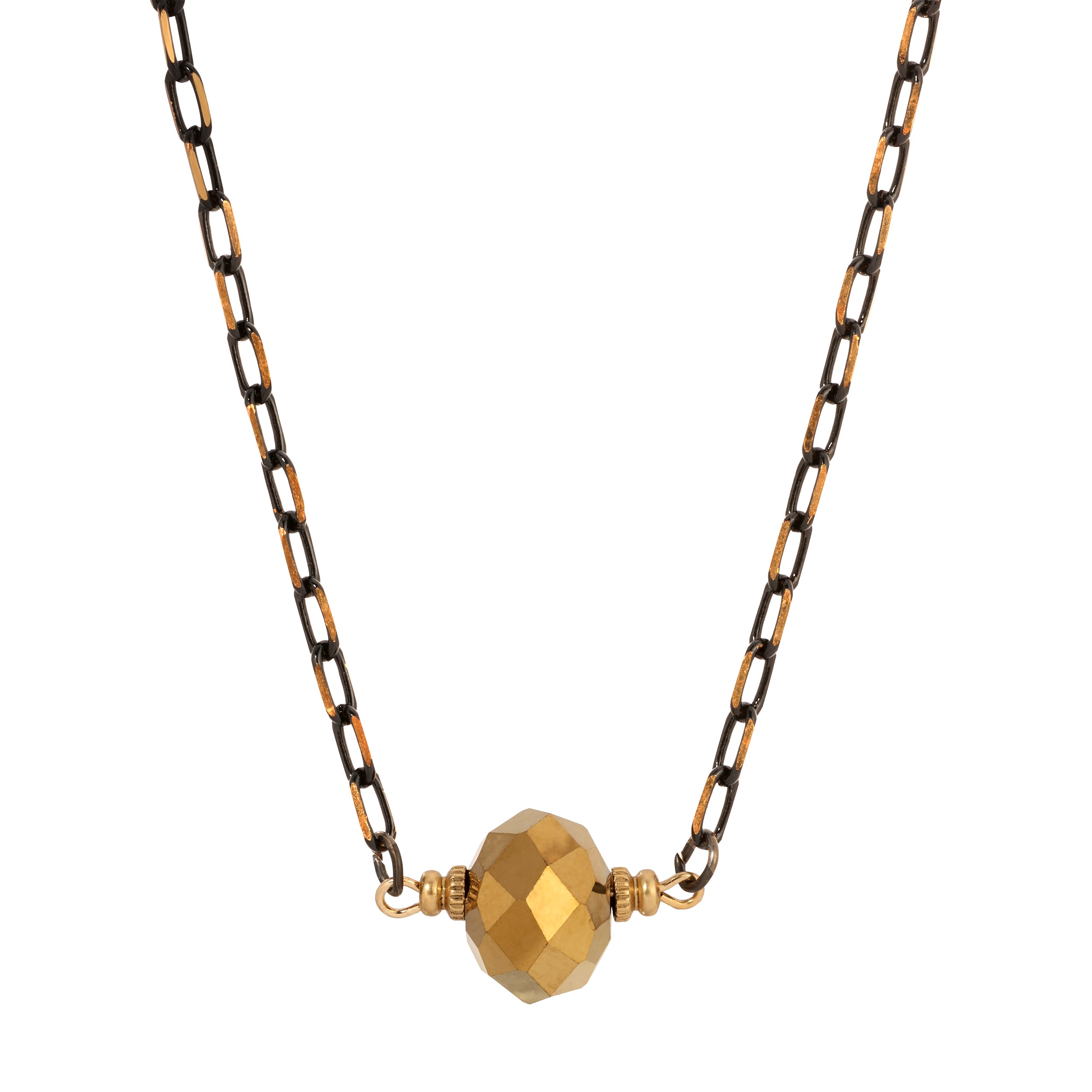 Black & Gold Rondelle Faceted Bead Pendant Necklace 16" + 3" Extension