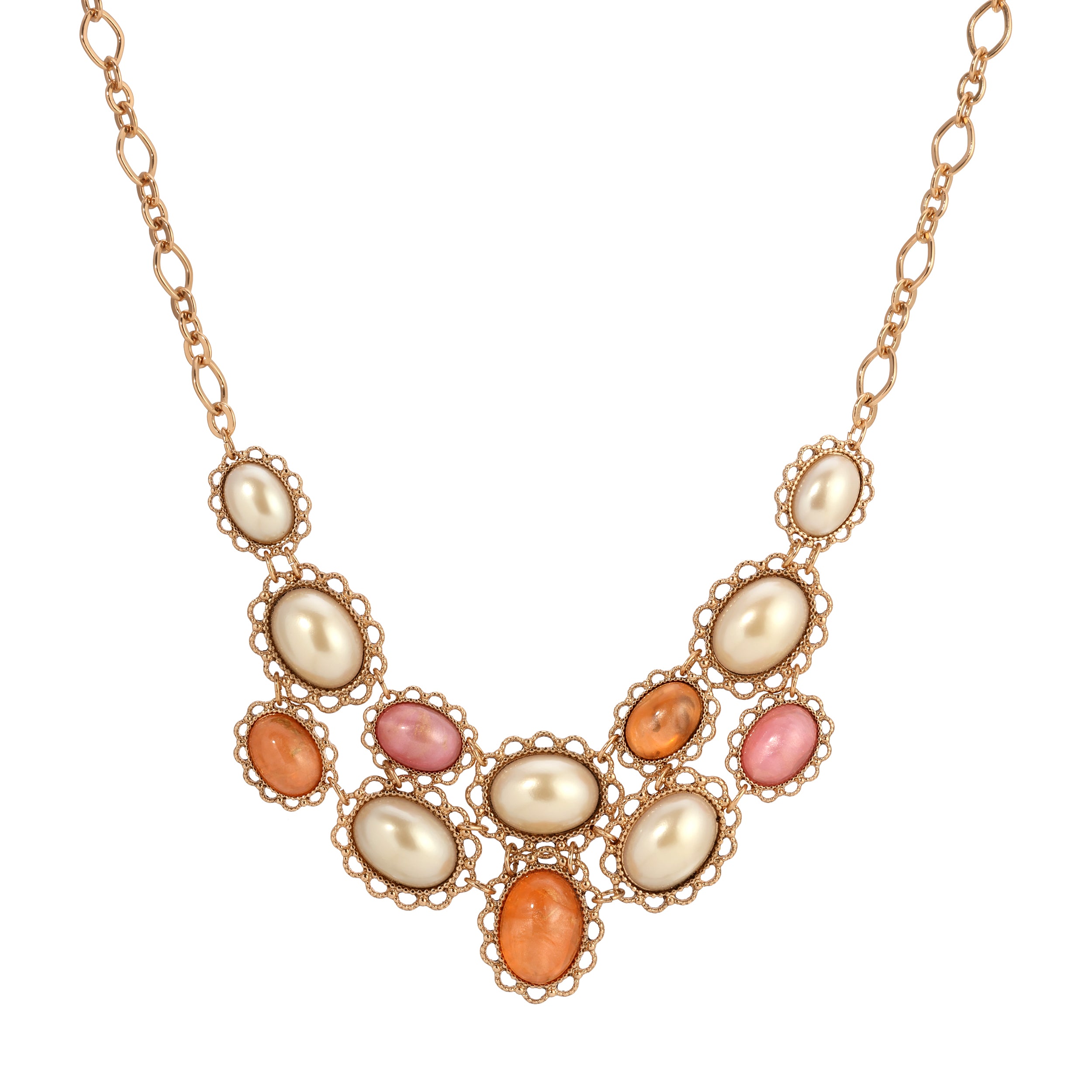 Golden Peppermint & Toffee Oval Stone Pearl Bib Necklace 16" + 3" Extender