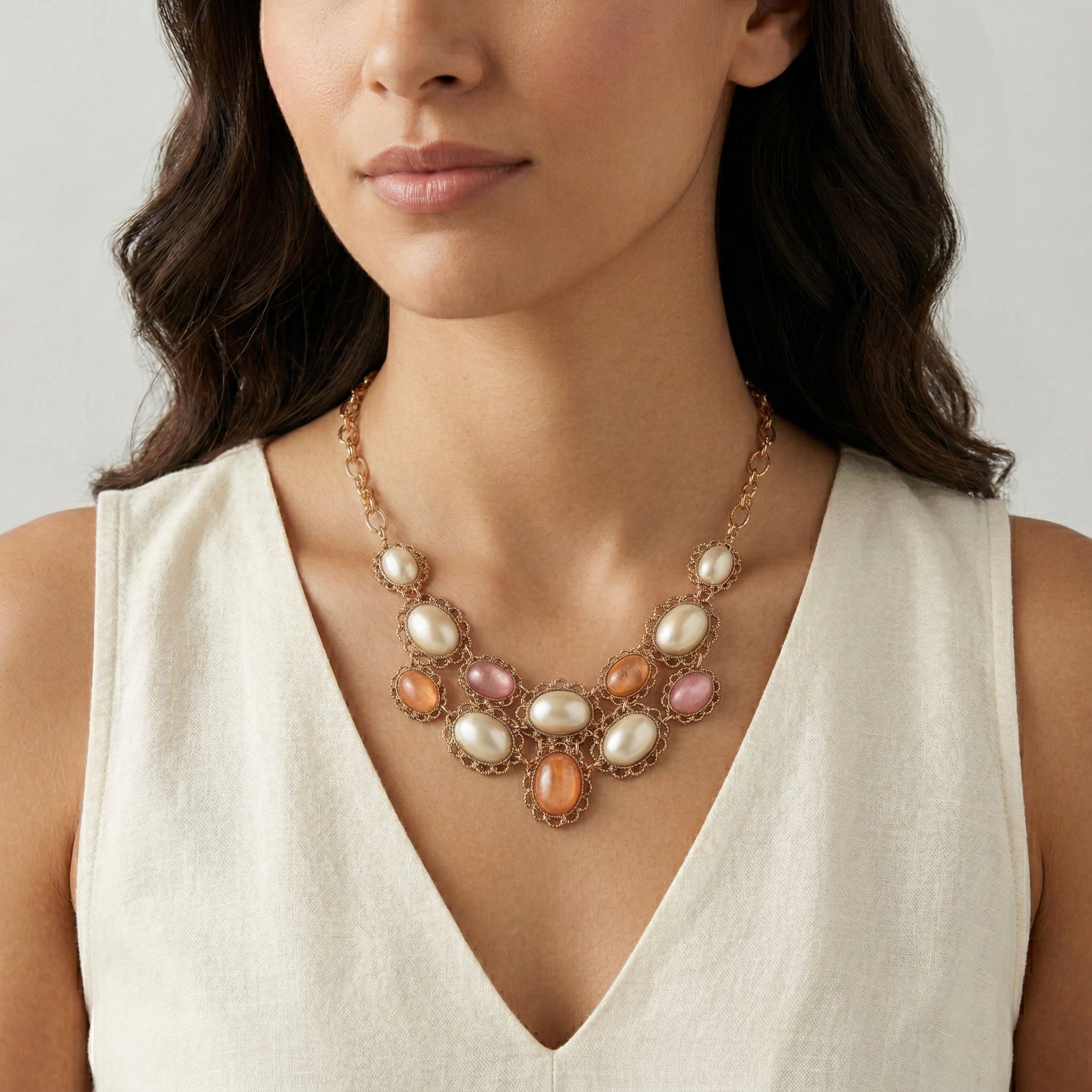 Golden Peppermint & Toffee Oval Stone Pearl Bib Necklace worn by a woman in a white top 