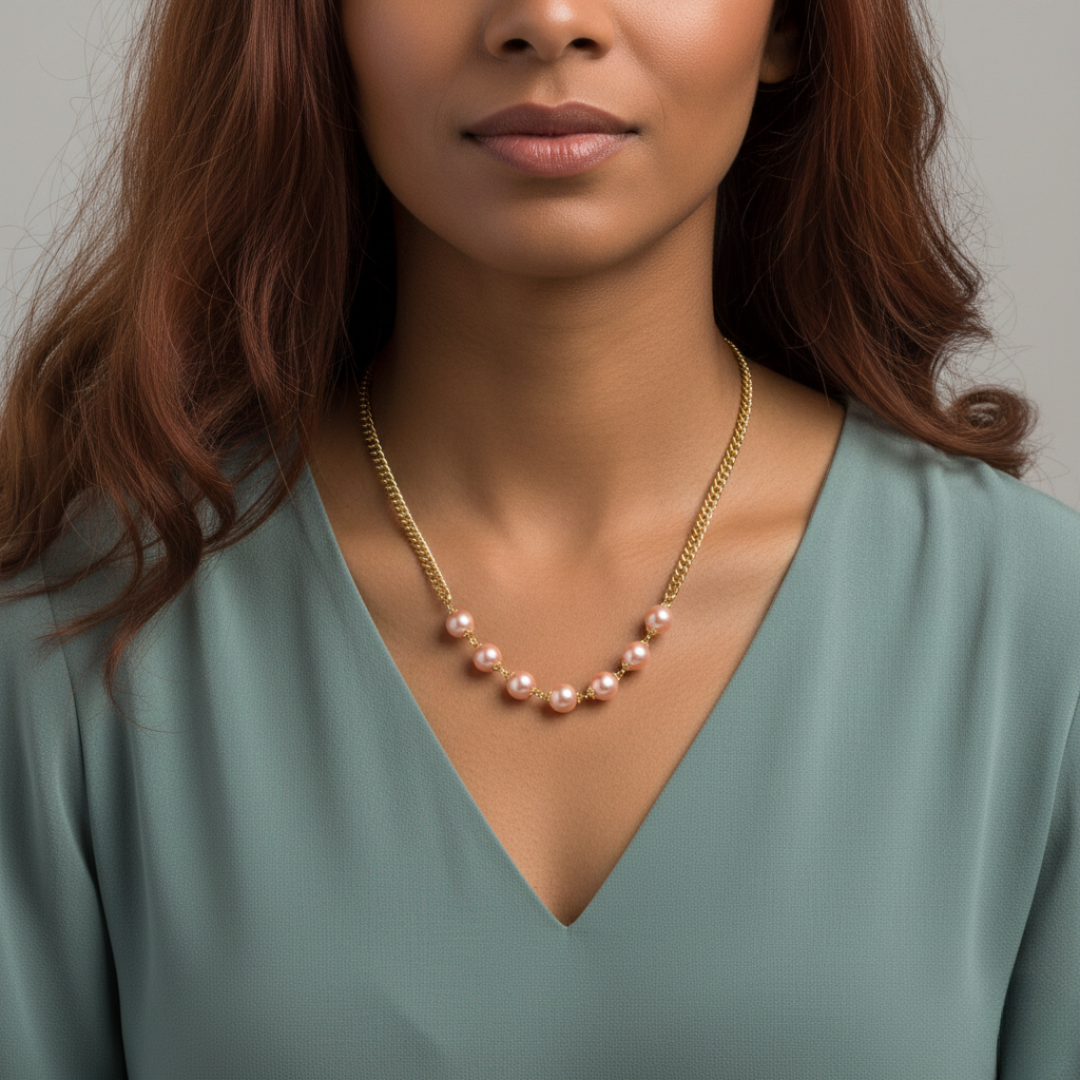 Woman wearing a gold necklace with pink faux pearls against a neutral background