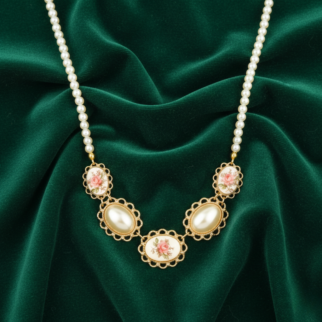 Pearl necklace with floral pendants on a green fabric background