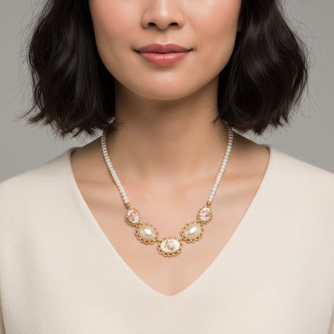 Woman wearing a pearl floral necklace with a neutral background
