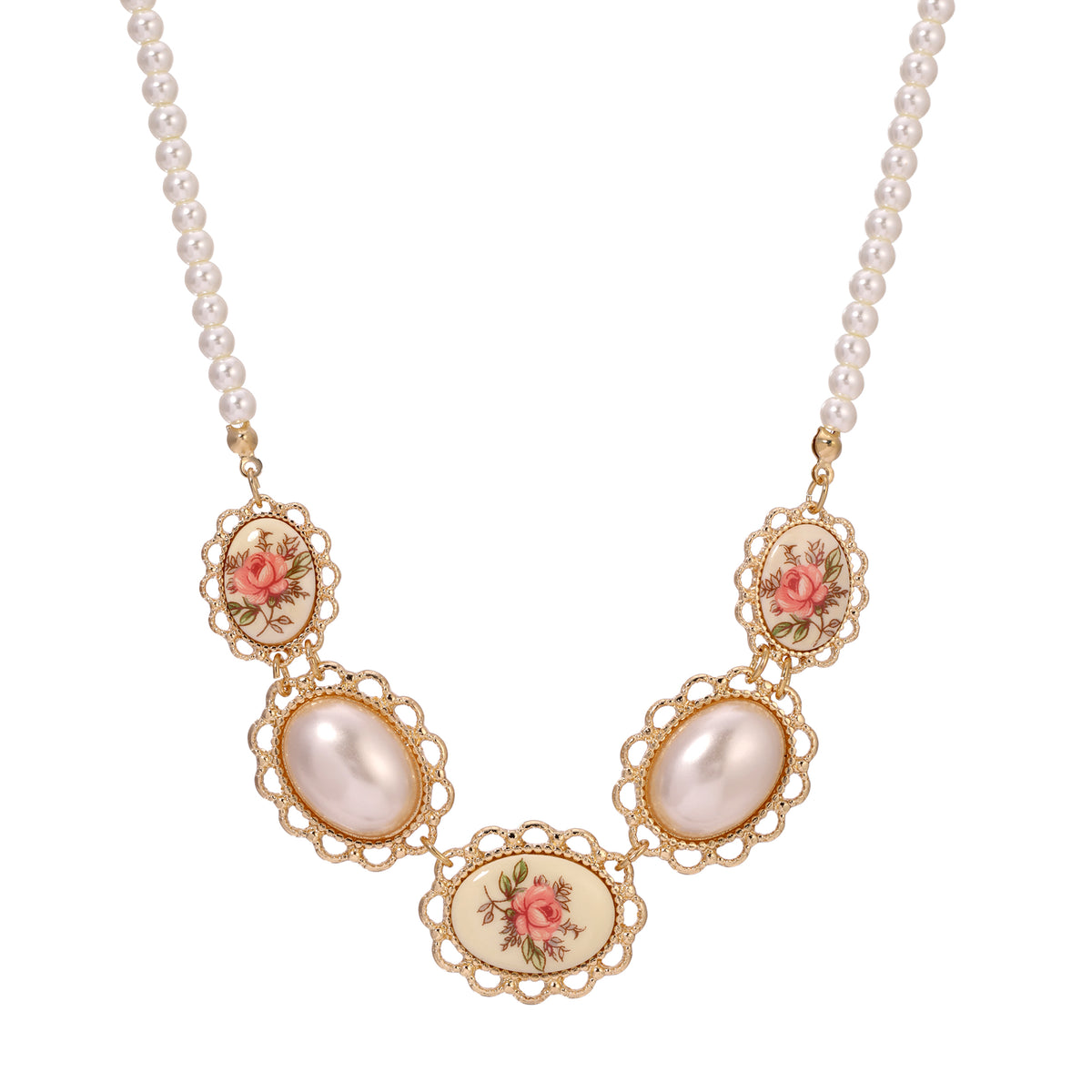 Desert Rose & Faux Pearl Strand Necklace 16" + 3" Extension