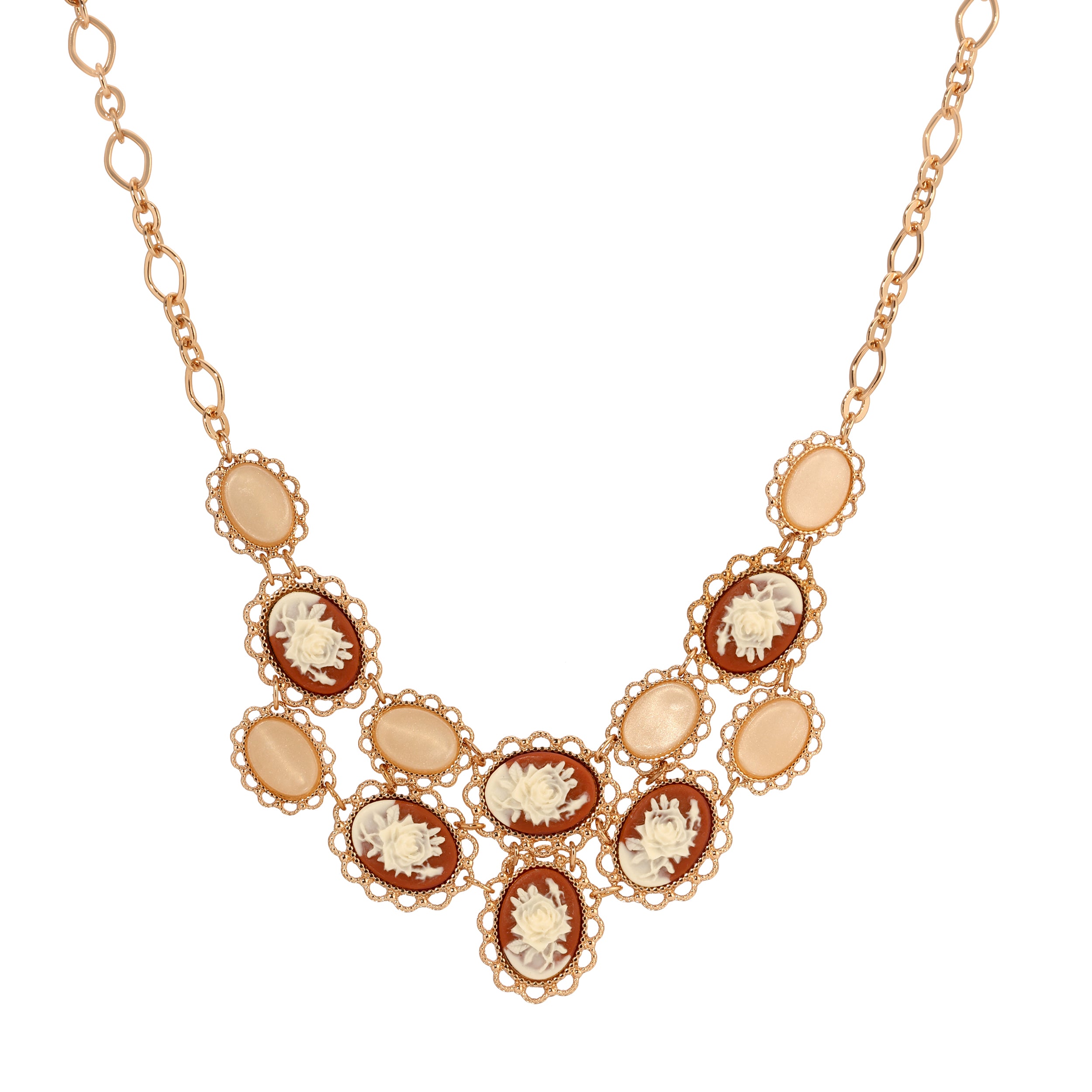 Golden Cornelian Flower Cameo & Oval Pearl Bib Necklace 16"+ 3" Extender