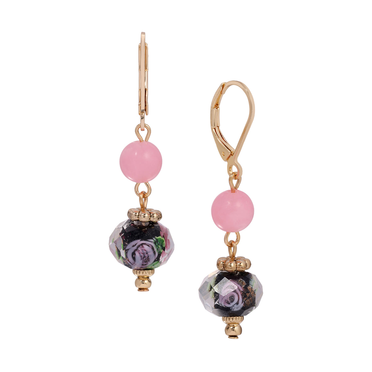 Rose and Black Floral Bead Dangling Earrings