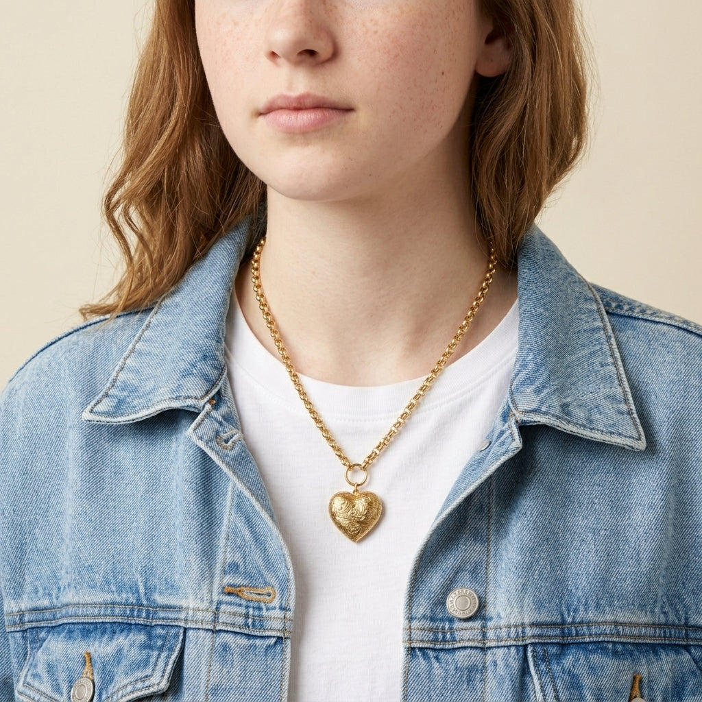 Person wearing a gold necklace with a heart pendant, dressed in a denim jacket and white shirt.
