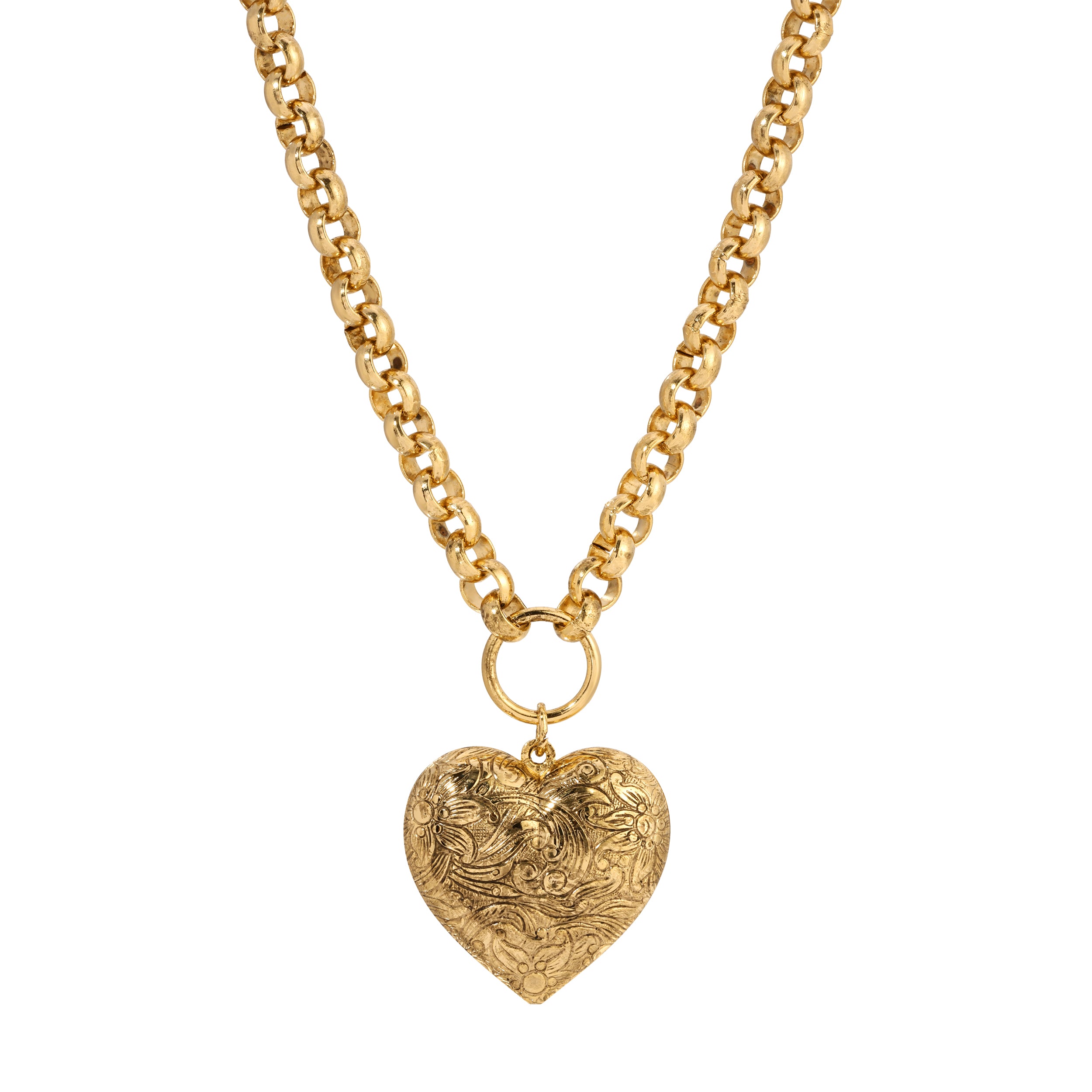 Gold Etched Heart Pendant Necklace 18.5