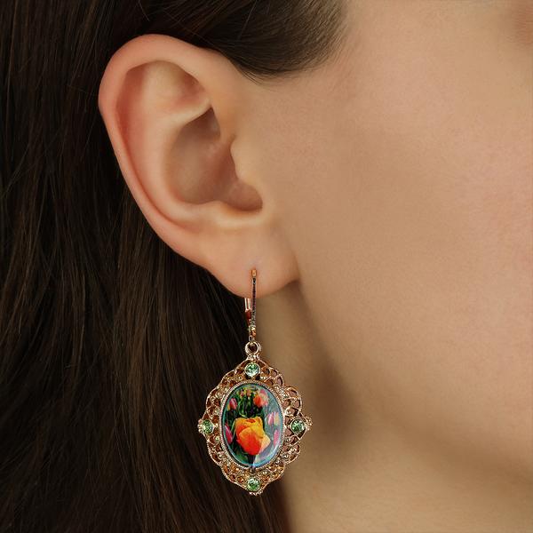 1928 Jewelry Blooming Orange Tulips & Peridot Crystals Drop Earrings