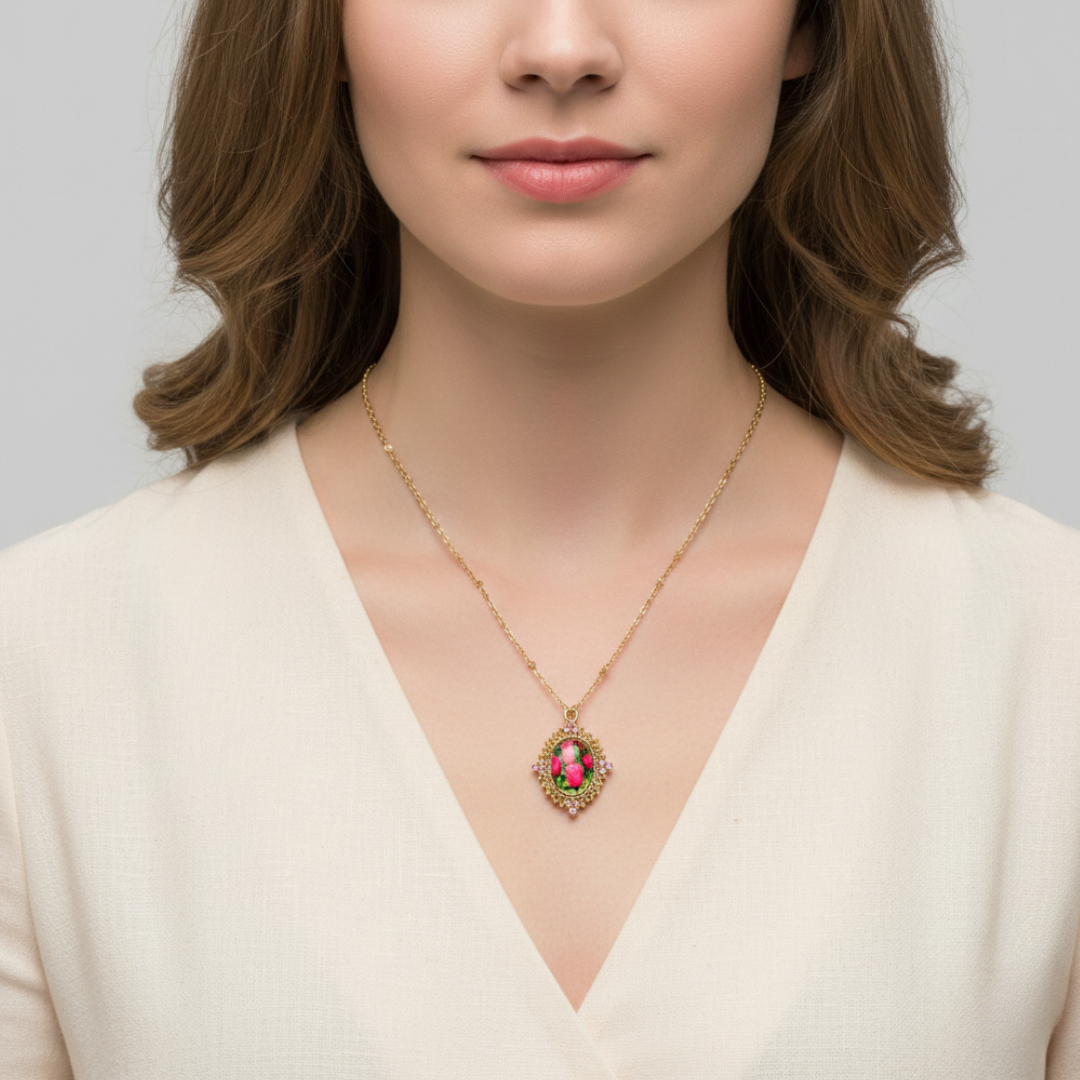 Woman wearing a gold necklace with a floral pendant on a plain background