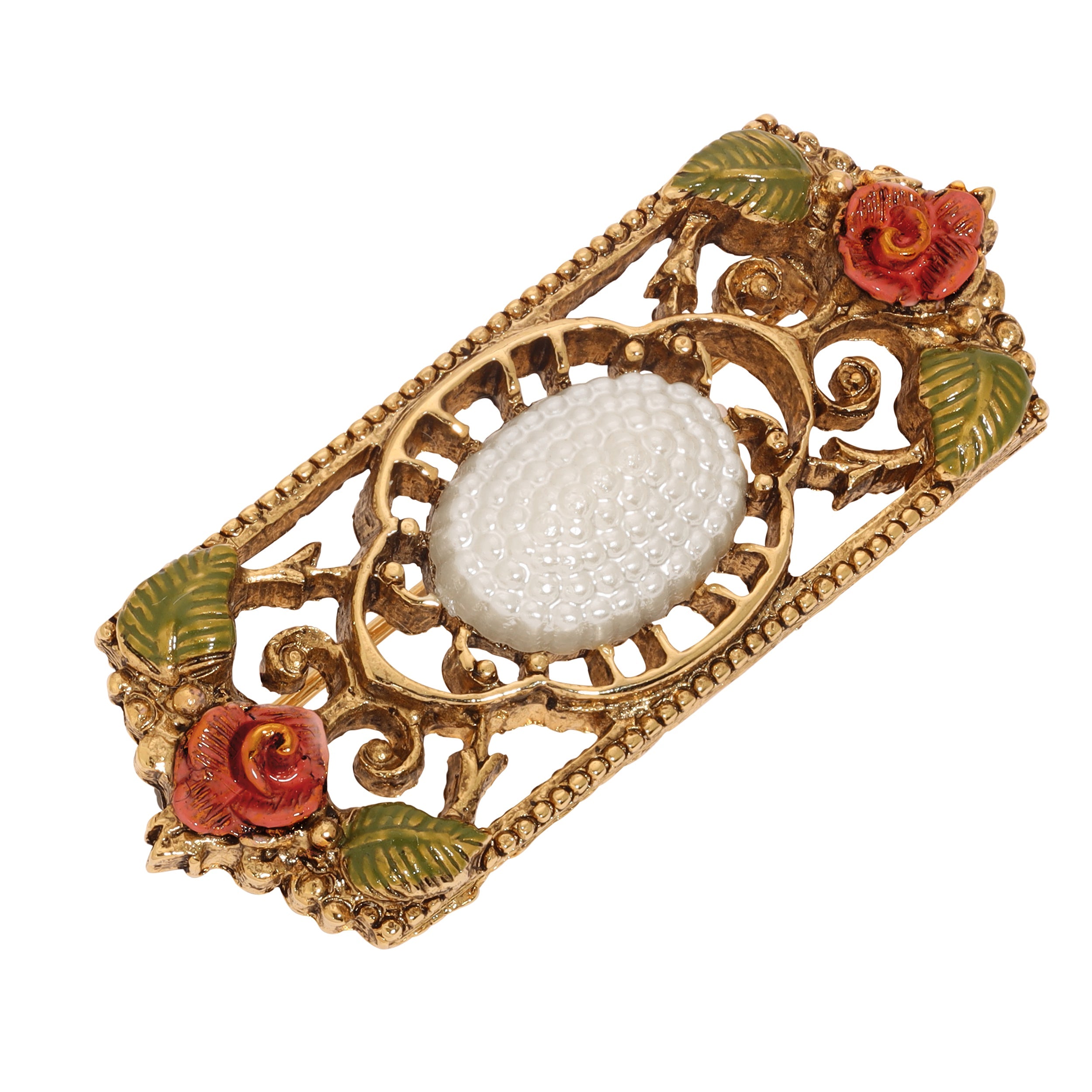 1928 Jewelry Pearly Eden Rose Enamel Faux Pearl Filigree Brooch