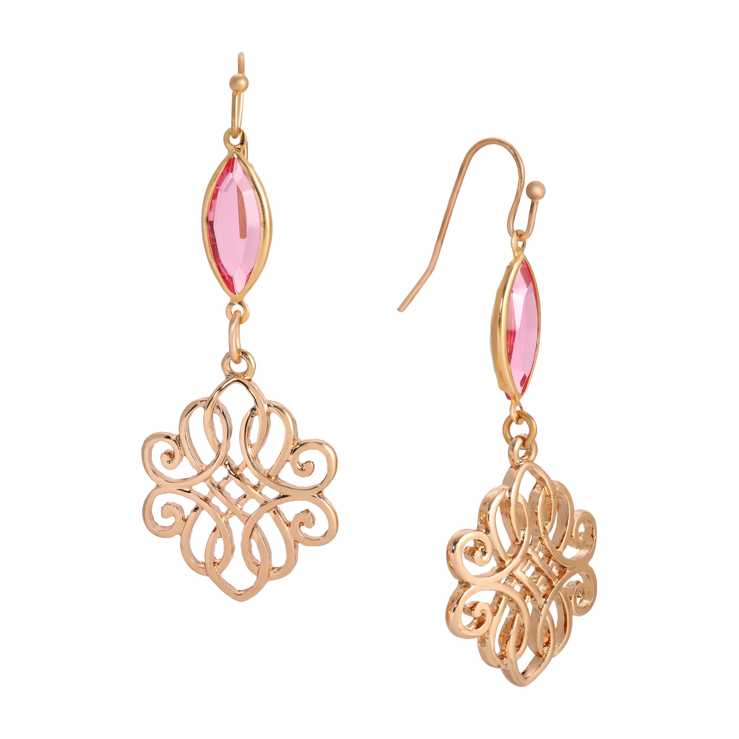 Gold earrings with rose gemstones on a white background.
