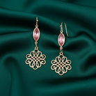 Gold earrings with rose gemstones on a green fabric background.