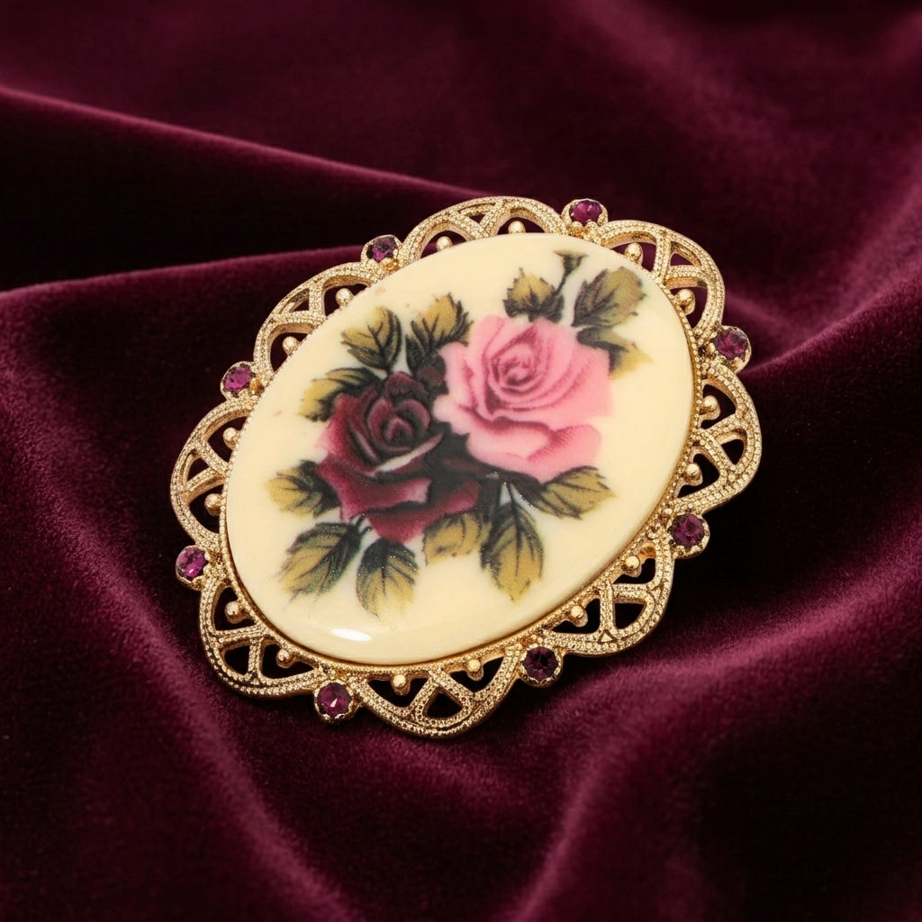 Decorative brooch with floral design on a purple fabric background