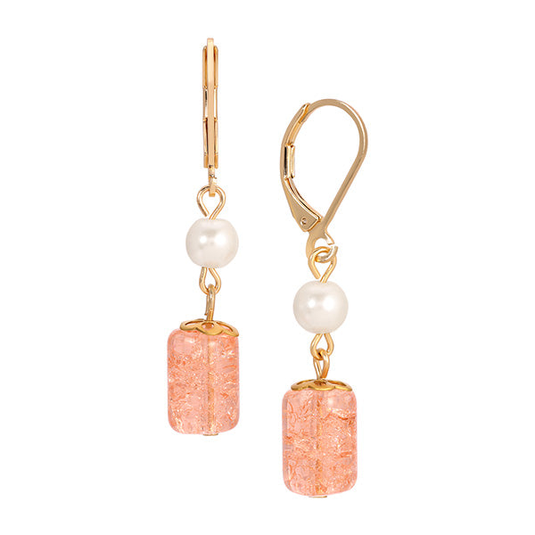 Golden Pearl & Peach Cracked Glass Bead Leverback Drop Dangle Earrings
