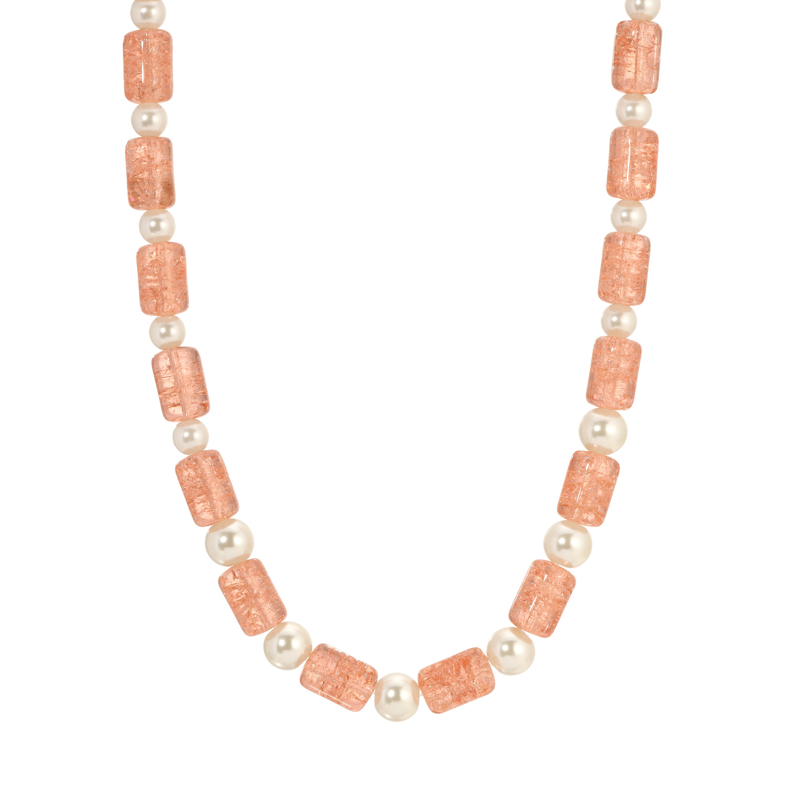 Peach Cracked Glass & White Faux Pearl Necklace 15" + 3" Extension