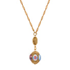 Gold necklace with a multicolor pendant on a white background.