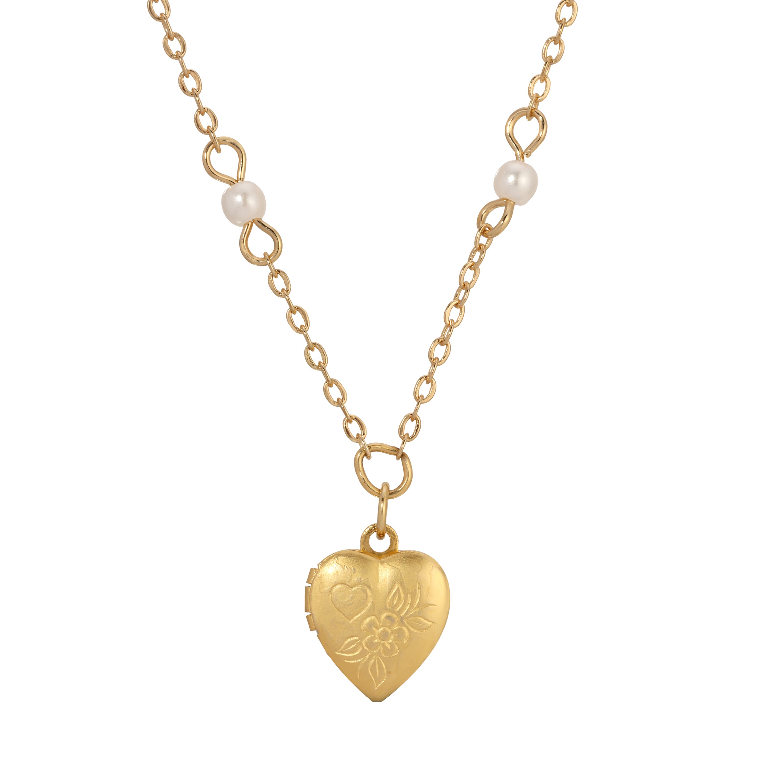 Gold & Faux Pearl Small Engraved Heart Locket Necklace 16"