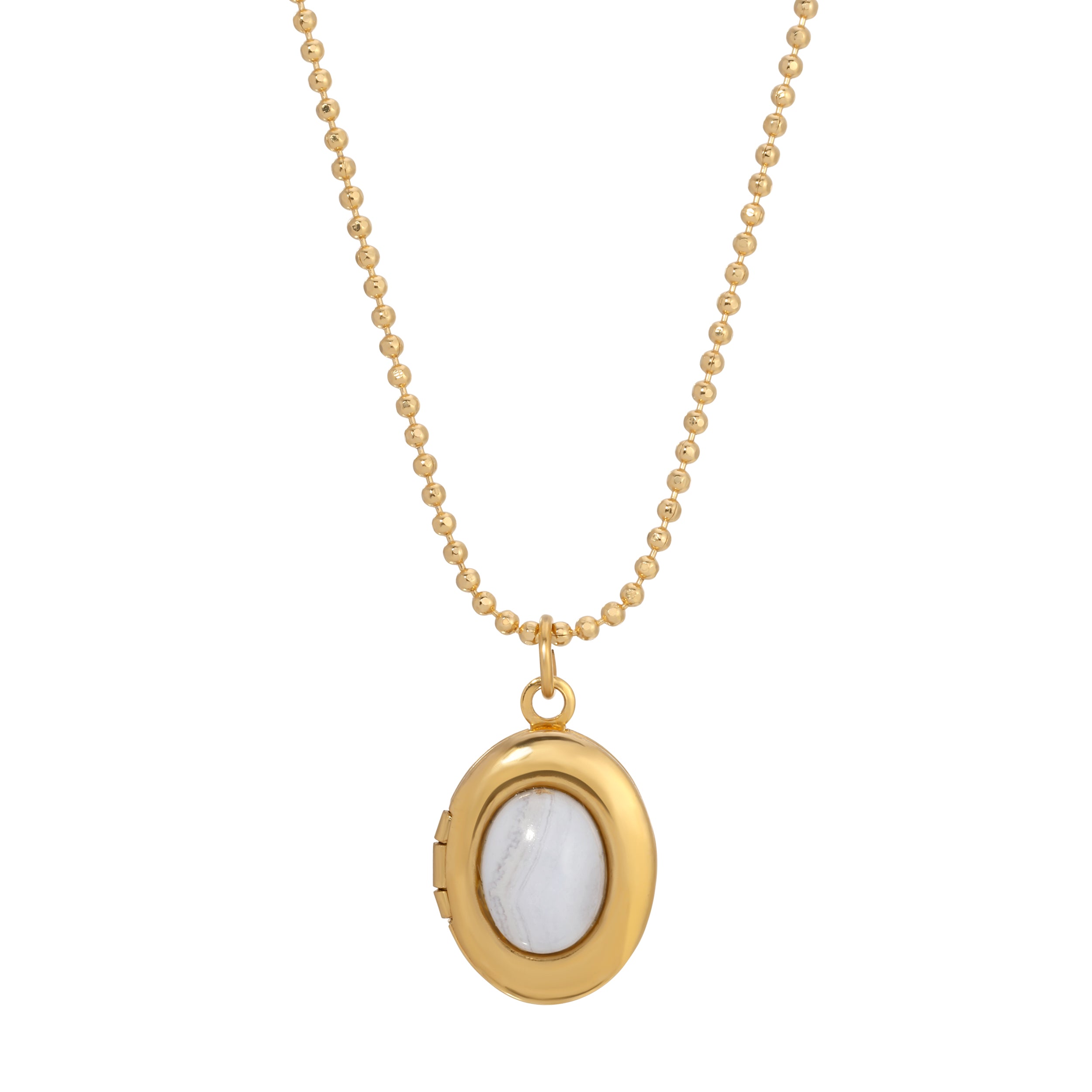 Gold Tone Oval Blue Lace Agate Cabochon Stone Locket Necklace 18"