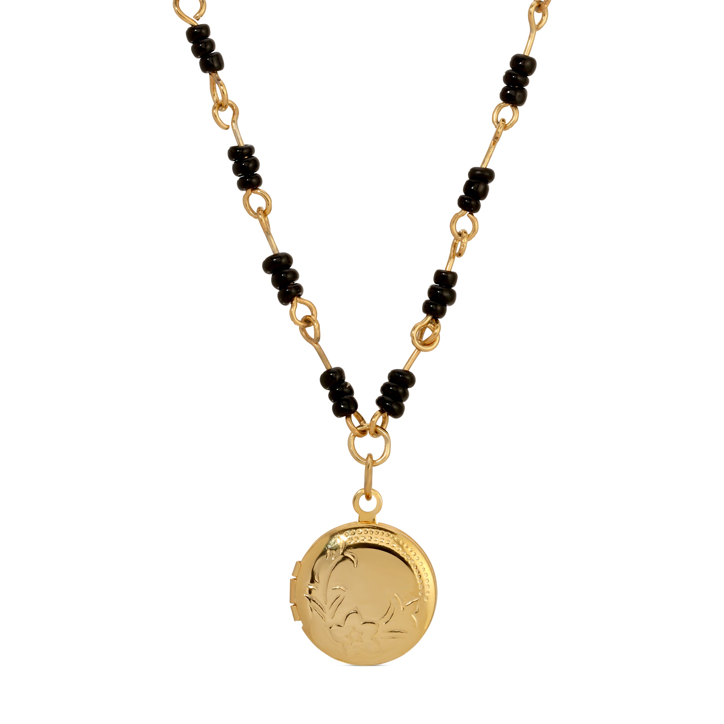 Golden Round Floral Locket & Black Seed Beaded Necklace 18"