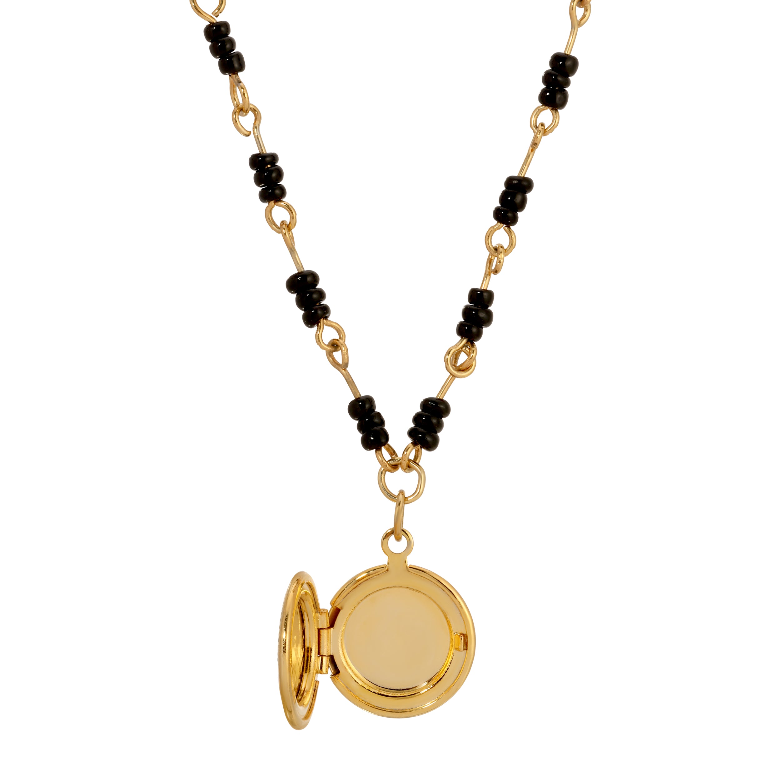Opened Golden Round Floral Locket & Black Seed Beaded Necklace 18"