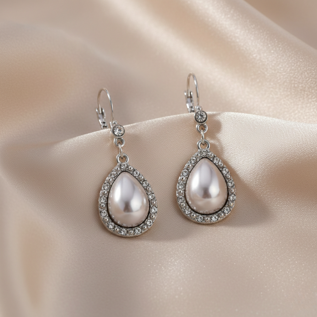 Silver Moonstone Euro Crystal Drop Earrings on beige satin