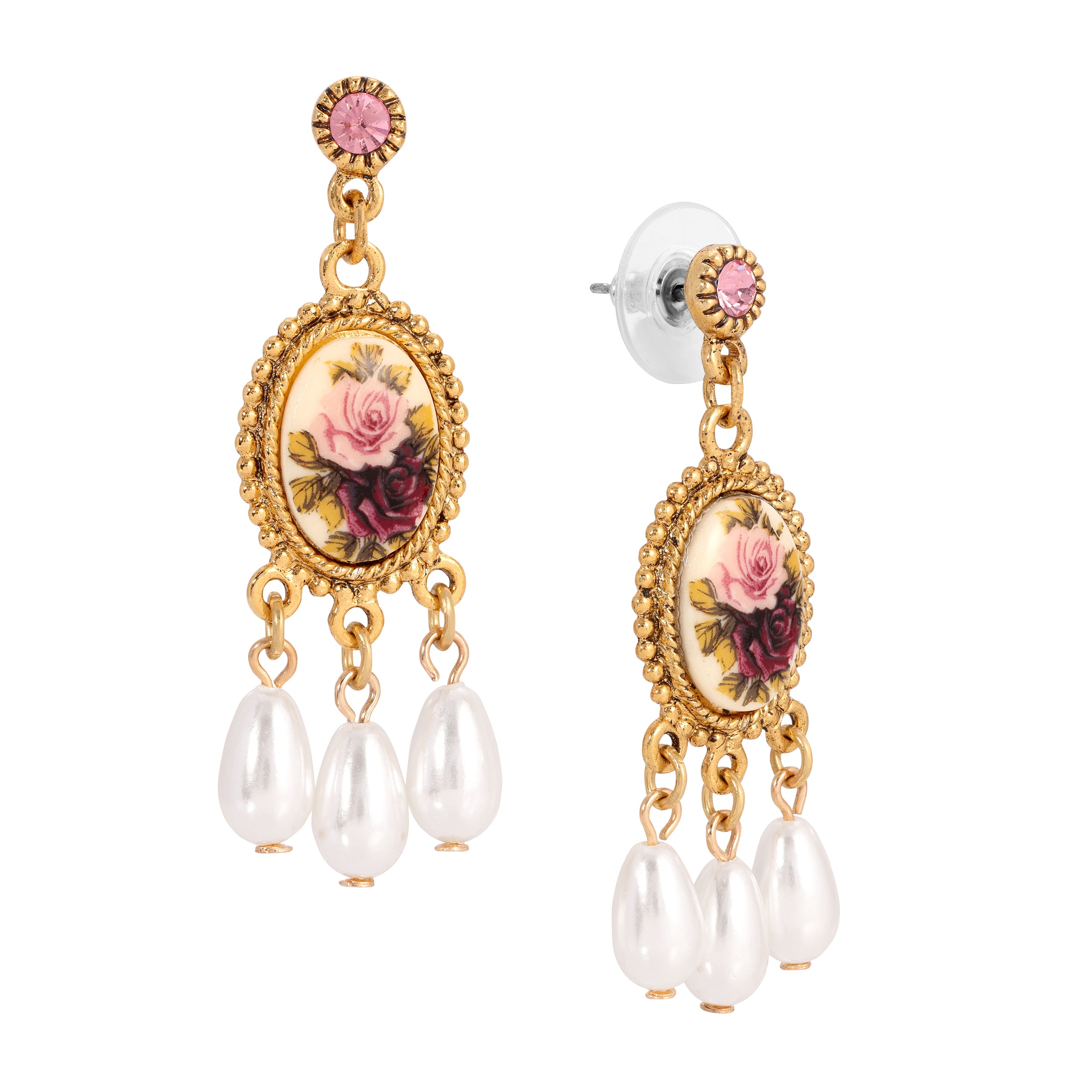 Oval Pink And Purple Floral Manor House & Faux Pearl Teardrop Dangle Stud Earrings