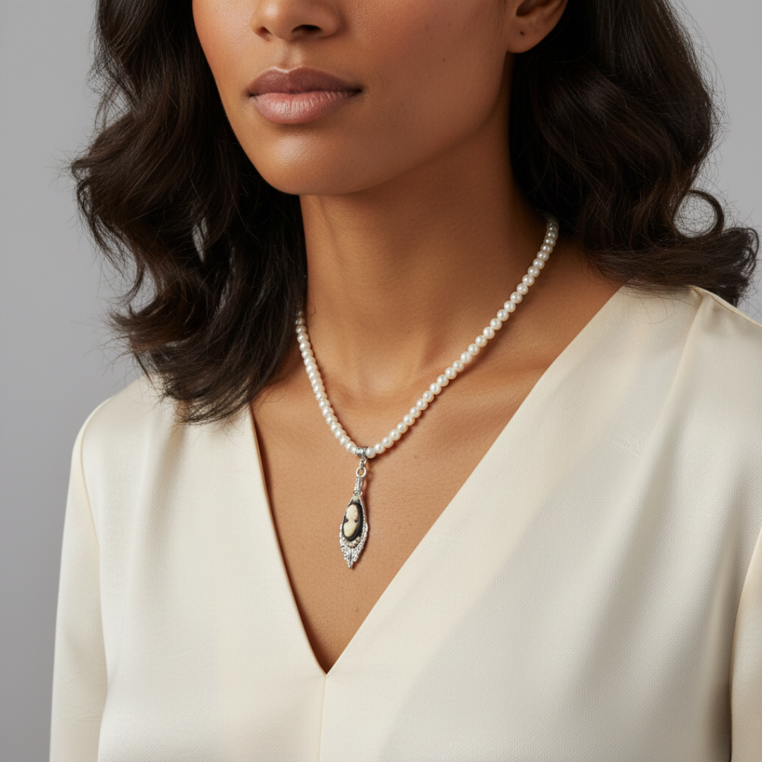 Woman wearing a pearl cameo necklace with a neutral background.
