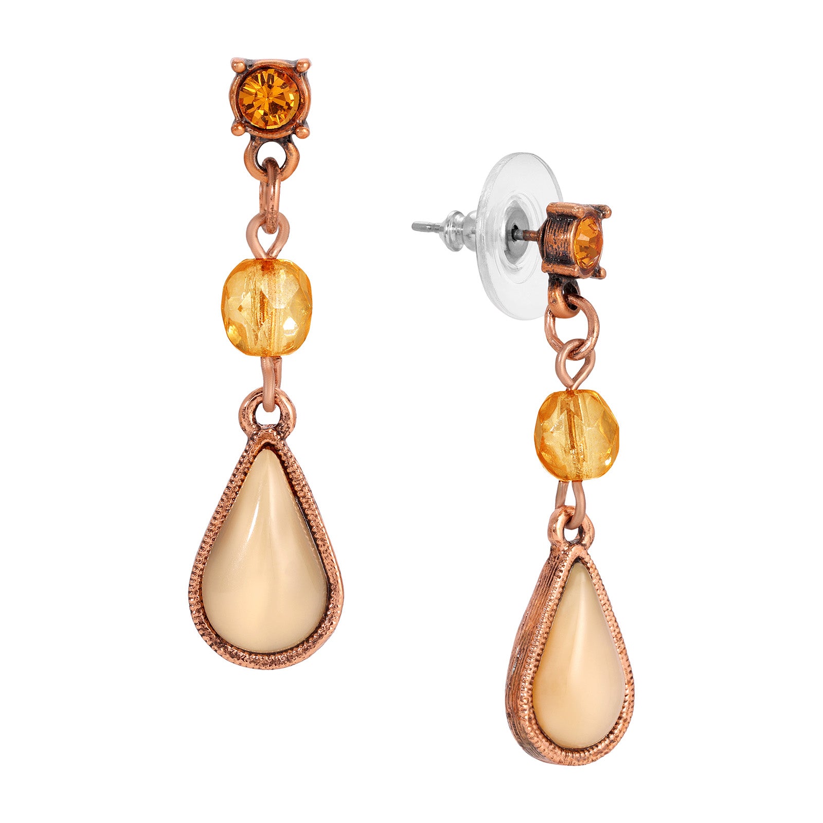 Rose Gold Topaz Crystal & Beige Moonstone Teardrop Dangle Stud Earrings